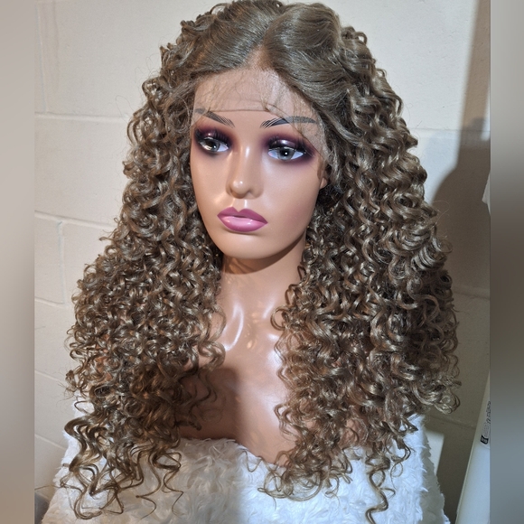 Curly Brown Human Hair Blend Lace Front Wig - Picture 3 of 8